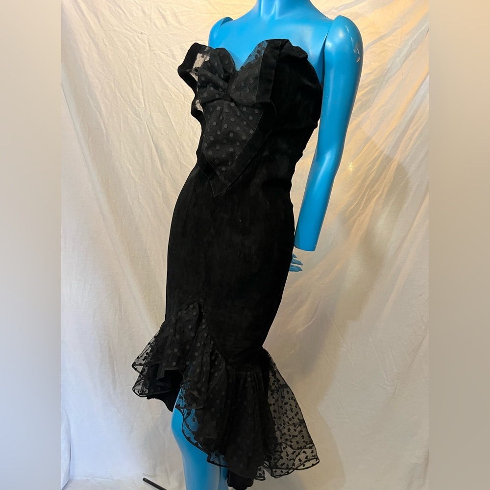 Vintage Suede Polka Dot Ruffle Goth Black Strapless Dress Wednesday Wedding S